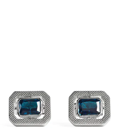 Tateossian Rhodium-plated Cubic Zirconia Halo Rectangle Cufflinks In Blue