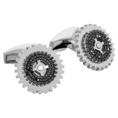 Pre-owned Tateossian Rotating Gear Cufflinks With Black Diamond In Sterling Silver