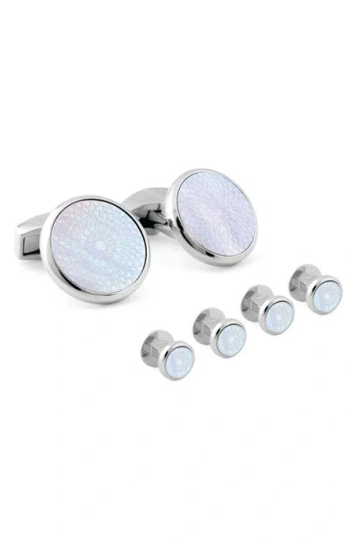 Tateossian Rotondo Guilloché Mother-of-pearl Formal Cuff Link & Shirt Stud Set In Silver
