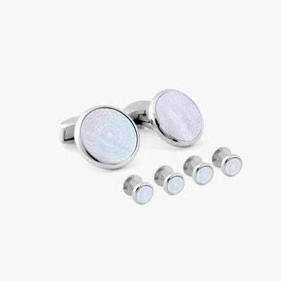 Tateossian Rotondo Guilloche Stud Set With White Mother Of Pearl In Stainless Steel In Silver