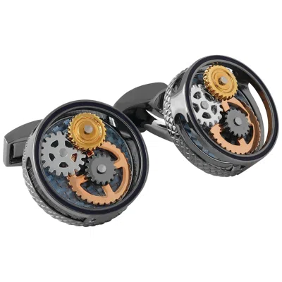 Pre-owned Tateossian Round Gear Carbon Fibre Cufflinks In Gunmetal Plated In Gray