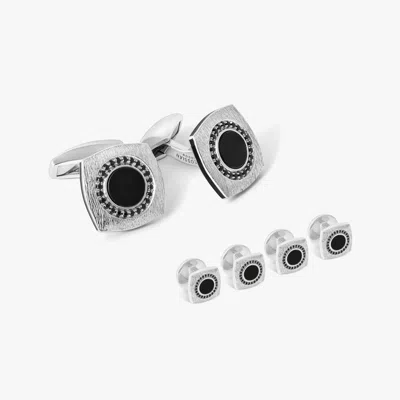 Tateossian Round Grafiatto Square Cufflinks & Shirt Studs In Sterling Silver With Onyx In Black