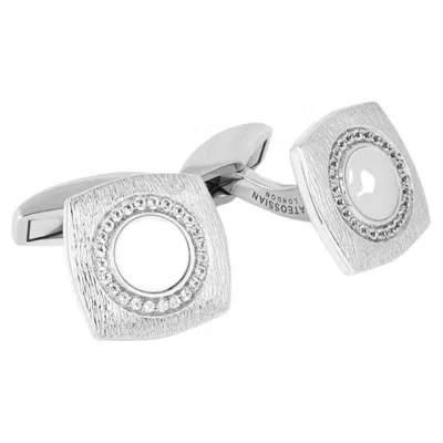 Pre-owned Tateossian Round Square Graffiato Cufflinks In Rhodium Plated Sterling Silver - White Mop