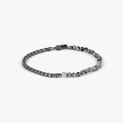Tateossian Sennit Box Evil Eye Bracelet In Rhodium Plated Sterling Silver With Snowflake Obsidian - M