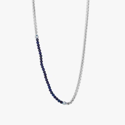Tateossian Sennit Catena Evil Eye Necklace In Rhodium Plated Sterling Silver With Lapis