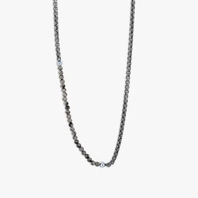Tateossian Sennit Catena Evil Eye Necklace In Ruthenium Plated Sterling Silver With Snowflake Obsidian