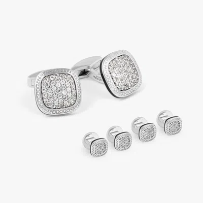 Tateossian Signature Cufflinks & Dress Shirt Studs In Rhodium & White Sapphire