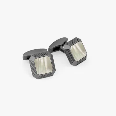 Tateossian Signature Octo Cufflinks In Black Rhodium Plated Silver With White Mop In Grey