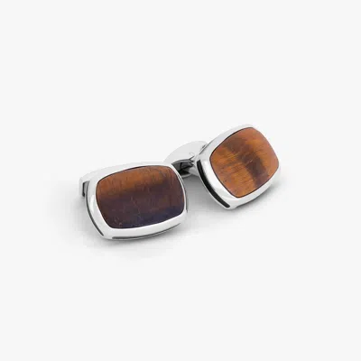 Tateossian Signature Pillow Bullet Cufflinks In Rhodium Plated Silver With Tiger Eye In Brown