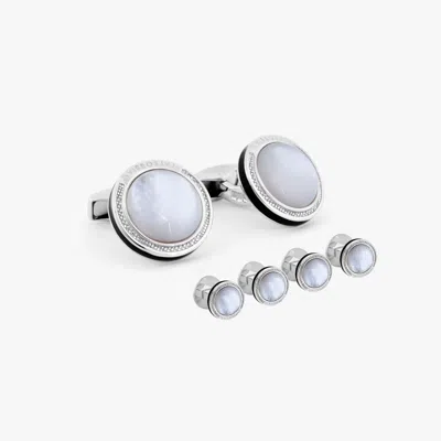Tateossian Signature Round Cufflinks And Stud Set In Rhodium Plated Silver With White Mop