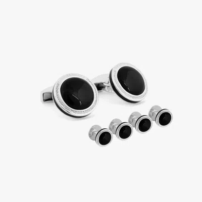 Tateossian Signature Round Cufflinks And Stud Set In Rhodium Plated Silver With Onyx In Black