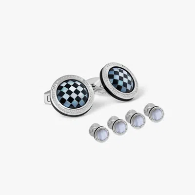 Tateossian Signature Round Cufflinks And Stud Set In Rhodium Plated Silver With White Mop In Multi