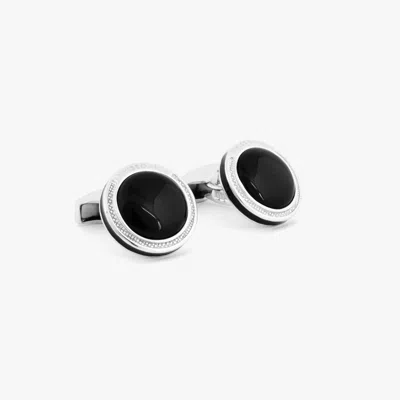 Tateossian Signature Round Cufflinks In Rhodium Plated Silver With Onyx In Black