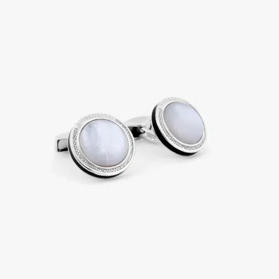 Tateossian Signature Round Cufflinks In Rhodium Plated Silver With White Mother Of Pearl