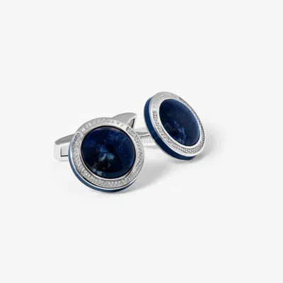 Tateossian Signature Round Cufflinks In Rhodium Plated Silver With Sodalite In Blue