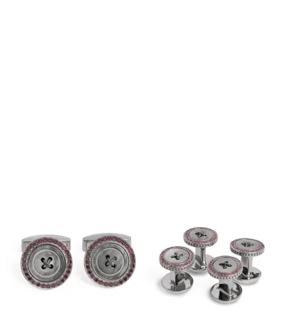 Tateossian Silver Ruby-embellished Button Cufflink And Stud Set In Multi