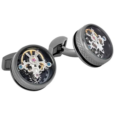 Pre-owned Tateossian Single Tourbillon Gear Cufflinks In Gunmetal And Black Enamel In Gray