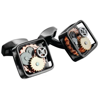 Pre-owned Tateossian Square Gear Cufflinks Black Gunmetal Plated In Gray
