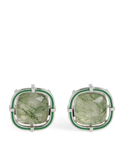 Tateossian Sterling Silver And Actinolite Cufflinks In Green