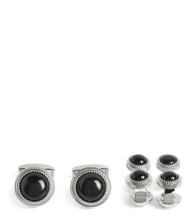 Tateossian Sterling Silver And Onyx Herringbone Cufflinks And Studs Set In Blue