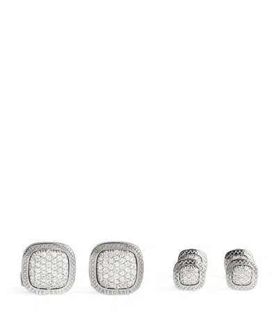 Tateossian Sterling Silver And White Sapphire Signature Cufflinks And Studs Set