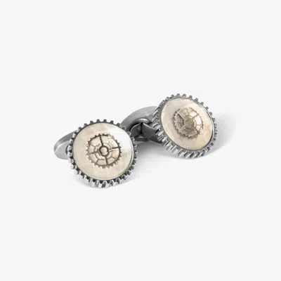 Tateossian Titanium Quartz Glass Gear Cufflink In White Mop