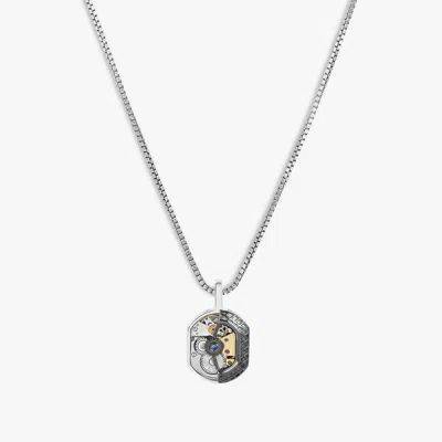 Tateossian Tonneau Skeleton Necklace With Blue Sapphire & Rhodium Plated Silver (limited Edition) In Metallic