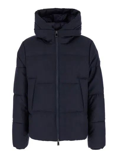TATRAS ANTOLDO BLUE DOWN JACKET WITH HOOD AND LOGO PATCH IN WOOL MAN