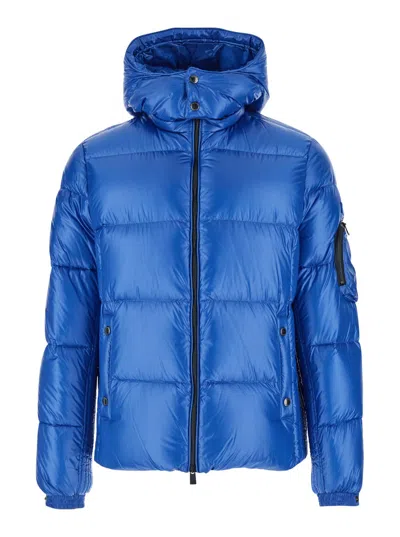 TATRAS BELBO BLUE DOWN JACKET WITH FIXED HOOD AND LOGO PATCH ON THE SLEEVE IN TECH FABRIC MAN