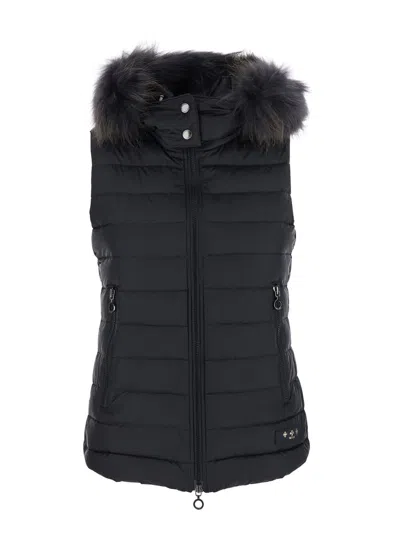 Tatras Black Sleeveless Vest With Fur Hood In Tech Fabric Woman