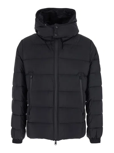 TATRAS 'BORBORE' BLACK DOWN JACKET WITH HOOD AND LOGO PATCH ON THE SIDE IN TECH FABRIC MAN