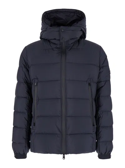 TATRAS BORBORE BLUE DOWN JACKET WITH HOOD AND LOGO PATCH IN TECH FABRIC MAN