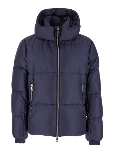 TATRAS GRAMI BLUE DOWN JACKET WITH HOOD AND LOGO PATCH IN TECH FABRIC MAN