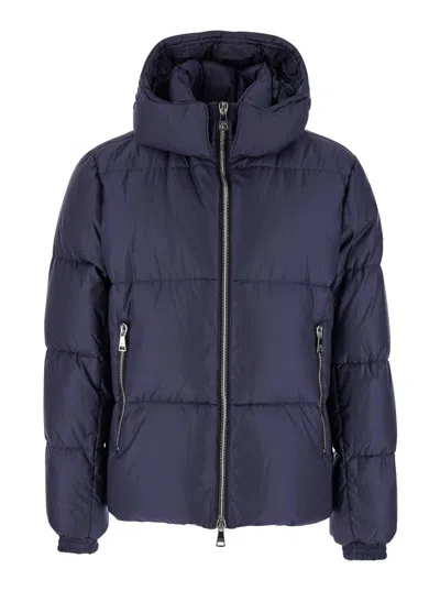 TATRAS 'GRAMI' BLUE DOWN JACKET WITH HOOD AND LOGO PATCH IN TECH FABRIC MAN