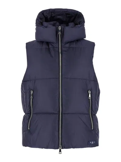 TATRAS MELKO BLUE SLEEVELESS DOWN JACKET WITH HOOD AND LOGO PATCH IN TECH FABRIC MAN