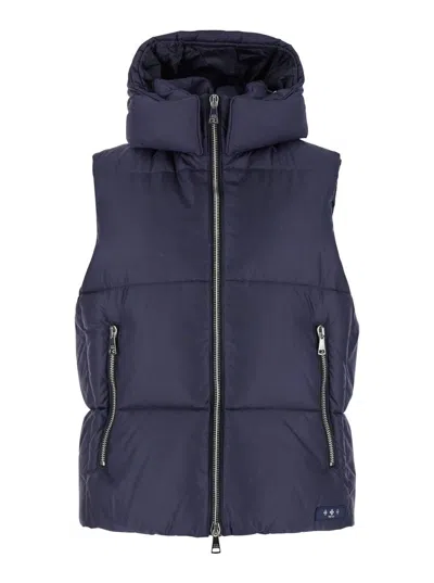 TATRAS 'MELKO' BLUE SLEEVELESS DOWN JACKET WITH HOOD AND LOGO PATCH IN TECH FABRIC MAN