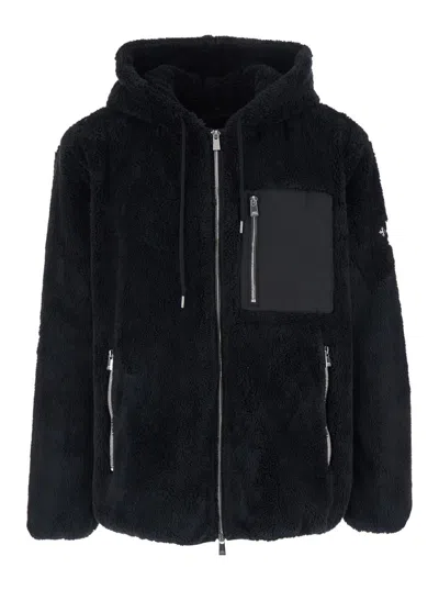 TATRAS 'MENFI' BLACK JACKET WITH DRAWSTRING HOOD AND LOGO PATCH ON THE SLEEVE IN ECOFUR MAN