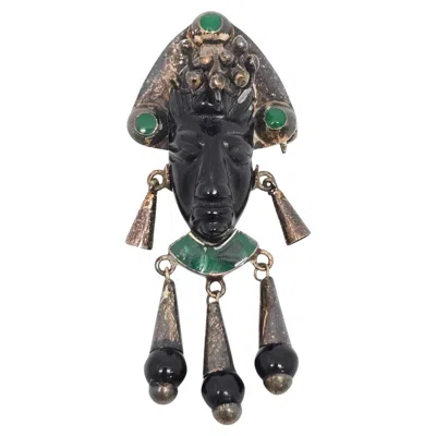 Pre-owned Taxco Mexico Sterling Carved Onyx Face Tribal Dangle Brooch/pendant #23561 In Black