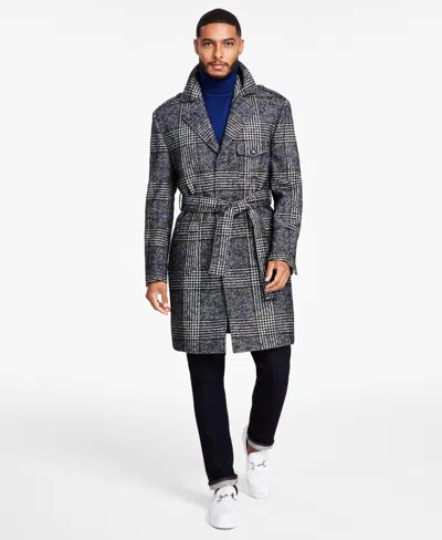 Tayion Collection Men's Classic-fit Plaid Self Belted Wool Blend Overcoats In Gray