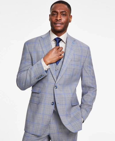 Tayion Collection Men's Classic-fit Plaid Suit Jacket In Light Grey,cranberry Plaid