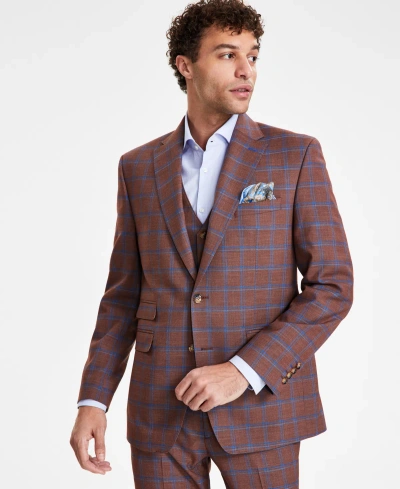 Tayion Collection Men's Classic-fit Plaid Suit Jacket In Rust,blue Plaid