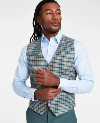 Tayion Collection Men's Classic Fit Plaid Suit Vest In Teal,black Check
