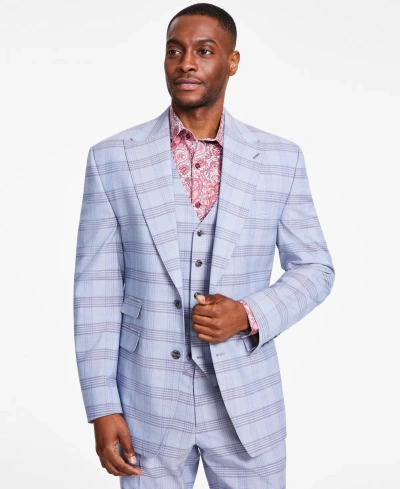 Tayion Collection Men's Classic Fit Striped Suit Jacket In Tan,blue Plaid
