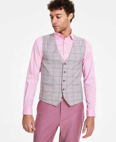 Tayion Collection Men's Classic Fit Suit Vest In Light Grey,cranberry Plaid