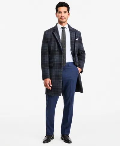 Tayion Collection Men's Classic-fit Blue Plaid Overcoat In Animal Print