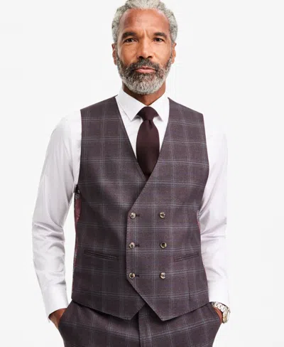 Tayion Collection Men's Classic-fit Burgundy Plaid Suit Separate Double-breasted Vest In Brown