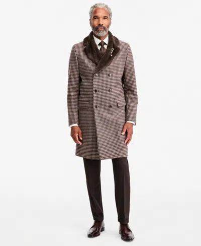 Tayion Collection Men's Regular Fit Tan Houndstooth Double-breasted Overcoat In Brown