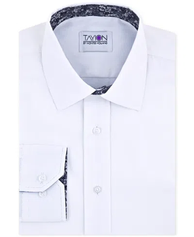 Tayion Collection Men's Solid Dress Shirt In Wht Basketweave Dobby W,blk Floral Trim