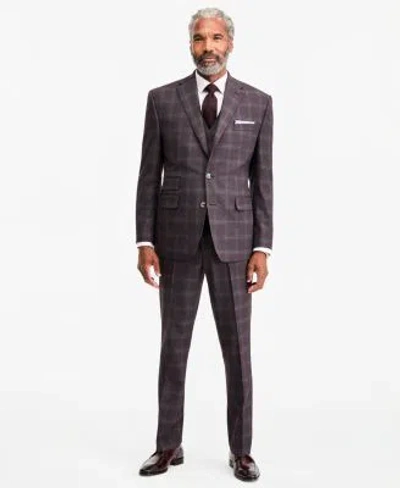 Tayion Collection Mens Classic Fit Burgundy Plaid Suit Separates In Purple