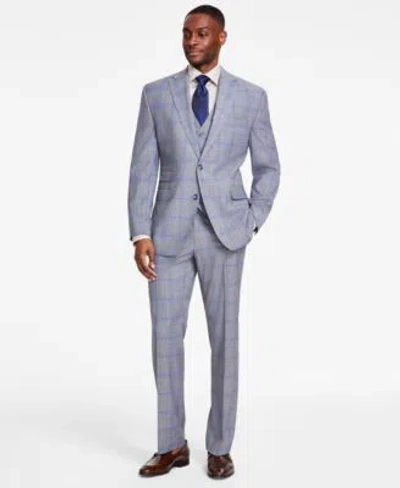 Tayion Collection Mens Classic Fit Plaid Vested Suit Separates In Grey,blue Plaid
